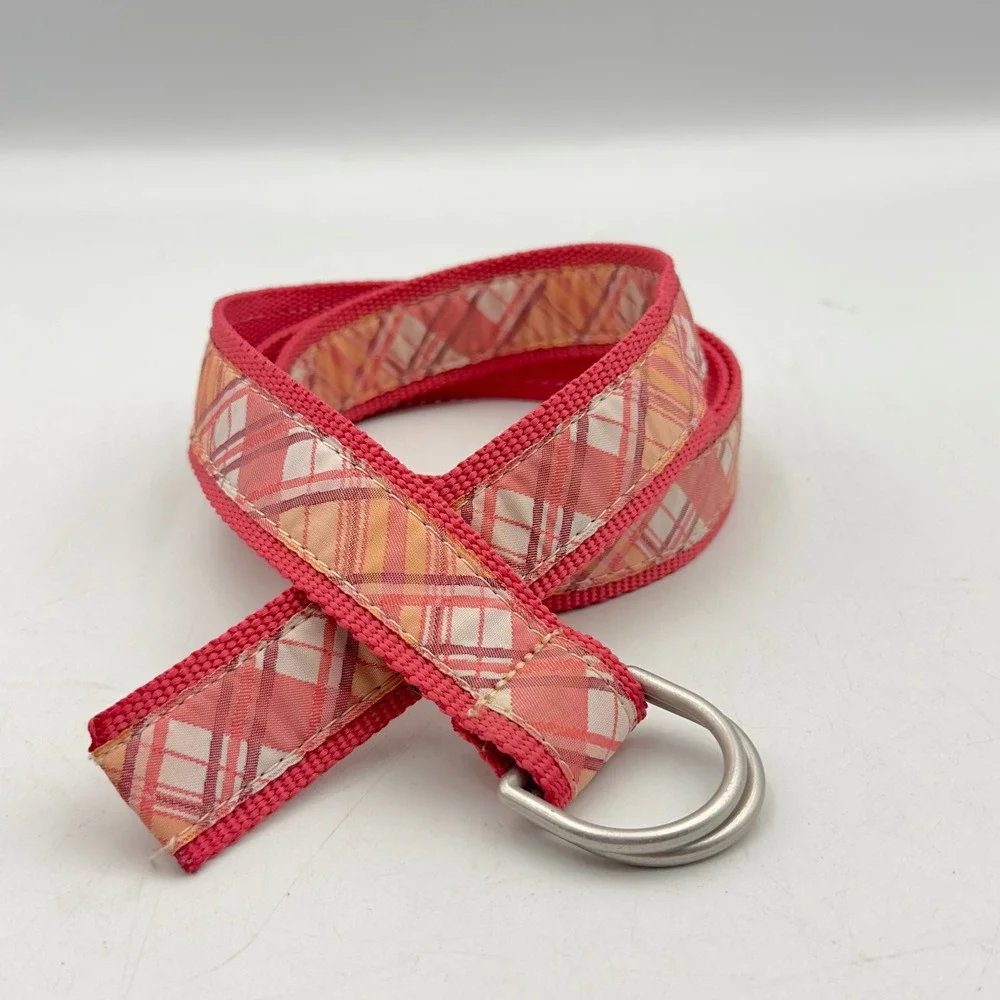 L.L. Bean D-Ring Belt Pink Orange Plaid Webbing Modern L-XL 266484 Adjustable